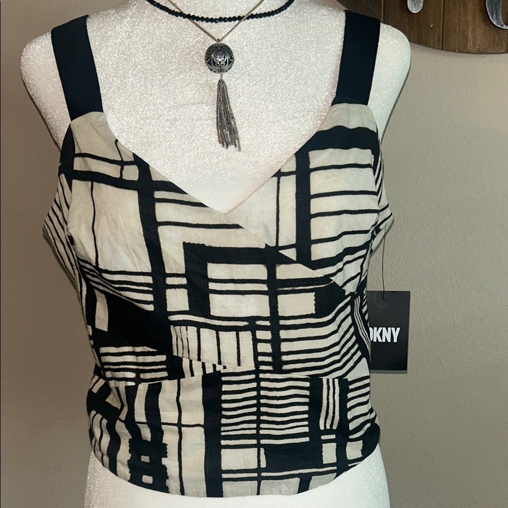 DKNY Black and Cream Patterned Tank Top